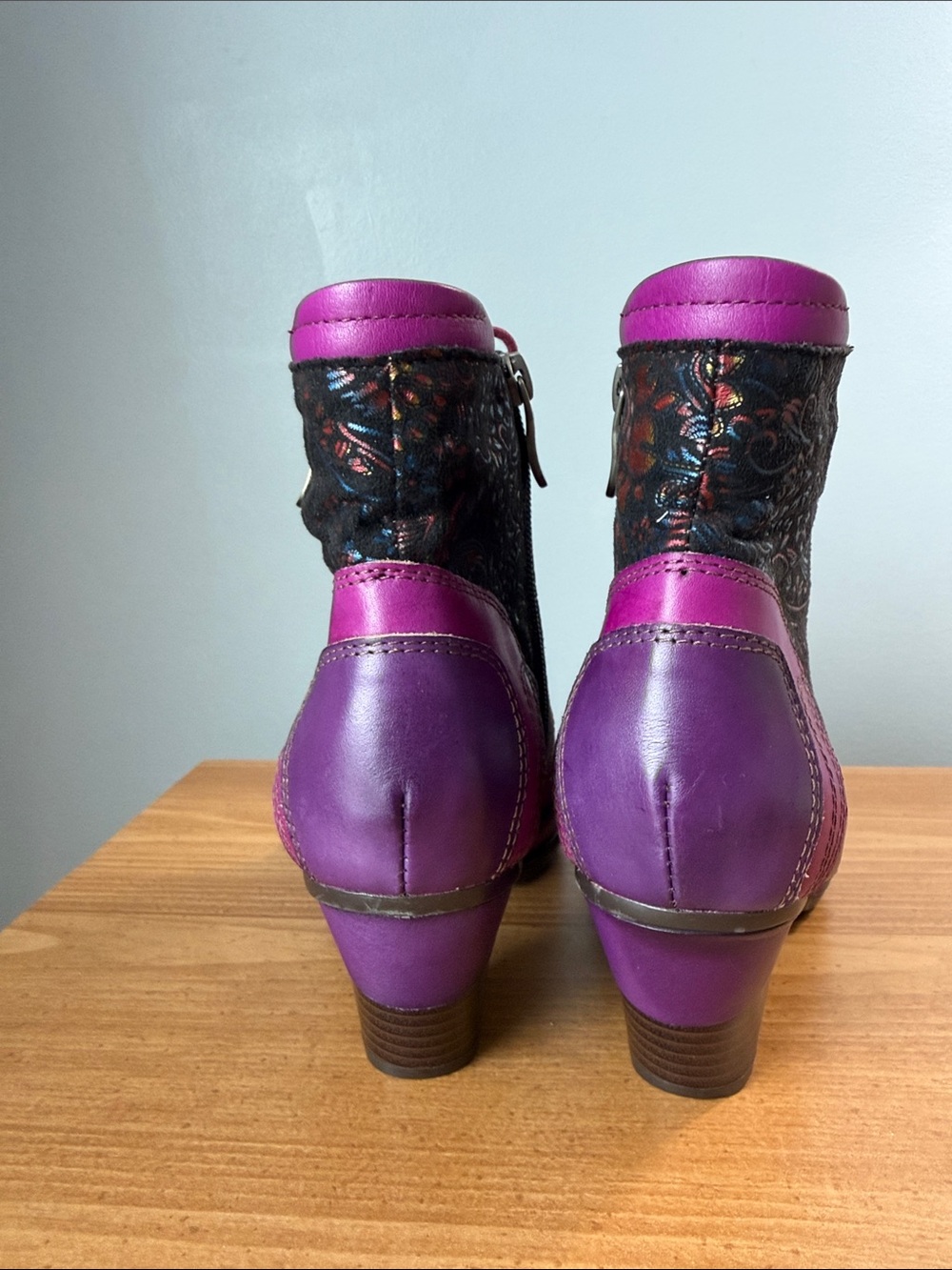 Metcandy Women's Leather Purple Patterned Lace-Up Heeled Ankle Boots - Picture 4 of 7